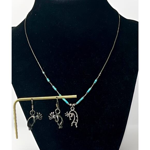 VTG Native American Turquoise & Sterling Silver Kokopelli Necklace Earring Set - Picture 2 of 15